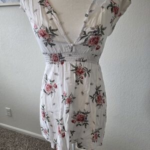 Floral V-Neck Summer Dress - White with Pink Rose Print